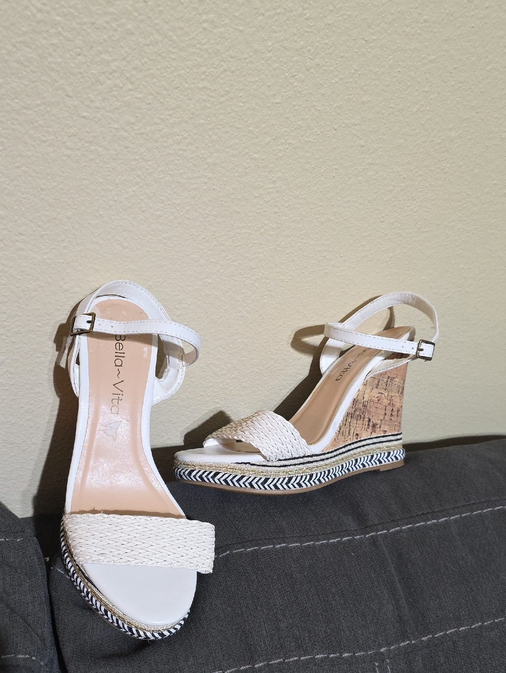 Bella Vita White Braided Cork Wedge Sandals